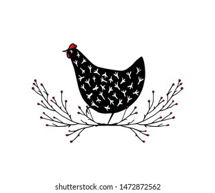 Vector illustration of hand drawn vintage chicken emblem. Hand drawn abstract speckled hen in floral wreath.  Beautiful ink drawing. Perfect elements for food or farming design.