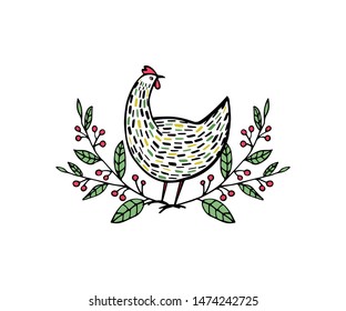 Vector illustration of hand drawn vintage chicken emblem. Hand drawn abstract speckled hen in floral wreath.  Beautiful ink drawing. Perfect elements for food or farming design.