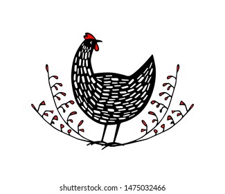 Vector illustration of hand drawn vintage chicken emblem. Hand drawn abstract speckled hen in floral wreath.  Beautiful ink drawing. Perfect elements for food or farming design.