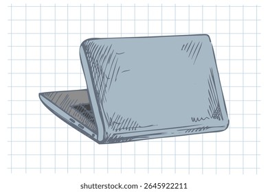 Vektorgrafik eines handgezeichneten Vintage-Laptops in Farbe und Schwarzweiß auf Raster-Notebook-Hintergrund. Perfekt für Bildungs-, Digital Learning-, Schüler- und Schuldesign-Projekte.