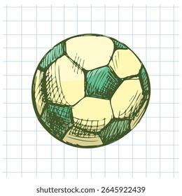 Vector illustration of hand drawn vintage soccer ball in green and yellow on grid notebook background. Great for school, sport or education-themed design.