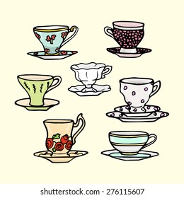 Vector illustration of hand drawn vintage tea cups.