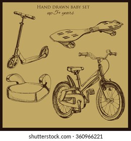 Vector illustration of hand drawn vintage baby transport include: booster car, scooter, bicycle and wave board
