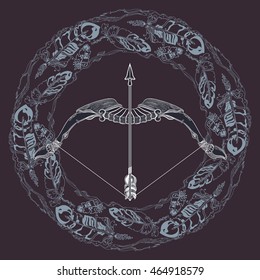 Vector illustration of hand drawn vintage bow, arrow and feathers  on dark background.