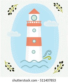 Vector illustration of hand drawn vintage label with a light house and lettering. For apparel t shirt fashion design and or other uses.