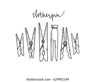 Vector illustration of hand drawn vintage clothespins.  Ink drawing, graphic style. Beautiful household design elements.