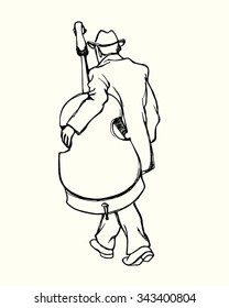 Vector illustration of a hand drawn walking street musician carrying contrabass. Beautiful ink drawing. Hand drawn graphic made in vector.