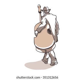 Vector illustration of a hand drawn walking street musician carrying contrabass. Beautiful ink drawing. Hand drawn graphic made in vector.