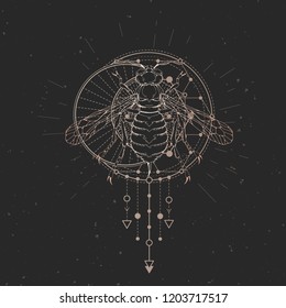 Vector illustration with hand drawn wasp and Sacred geometric symbol on black vintage background. Abstract mystic sign. Gold linear shape. For you design: tattoo, print, posters, t-shirts, textiles.