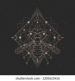 Vector illustration with hand drawn wasp and Sacred geometric symbol on black vintage background. Abstract mystic sign. Gold linear shape. For you design: tattoo, print, posters, t-shirts, textiles