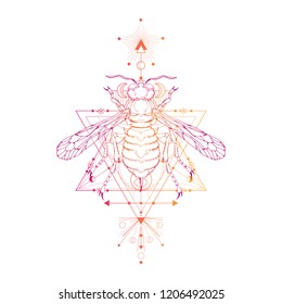 Vector illustration with hand drawn wasp and Sacred geometric symbol on white background. Abstract mystic sign. Colored linear shape. For you design: tattoo, print, posters, t-shirts, textiles.