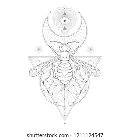 Vector illustration with hand drawn wasp and Sacred geometric symbol on white background. Abstract mystic sign. Black linear shape. For you design: tattoo, print, posters, t-shirts, textiles.