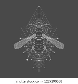 Vector illustration with hand drawn wasp and Sacred geometric symbol on black vintage background. Abstract mystic sign sign. White linear shape. For you design: tattoo, print, posters, t-shirts.