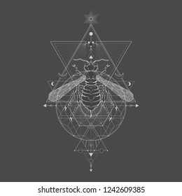 Vector illustration with hand drawn wasp and Sacred geometric symbol on black vintage background. Abstract mystic sign. White linear shape. For you design: tattoo, print, posters, t-shirts.