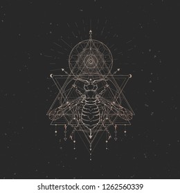 Vector illustration with hand drawn wasp and Sacred geometric symbol on black vintage background. Abstract mystic sign. Gold linear shape. For you design.