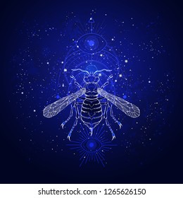 Vector illustration with hand drawn wasp and Sacred geometric symbol against the starry sky. Abstract mystic sign. Linear shape. For you design: tattoo, print, posters, t-shirts, textiles and other.