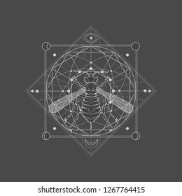 Vector illustration with hand drawn wasp and Sacred geometric symbol on black vintage background. Abstract mystic sign. White linear shape. For you design.