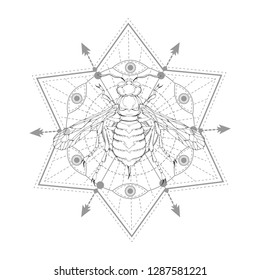Vector illustration with hand drawn wasp and Sacred symbol on white background. Abstract mystic sign. Black linear shape. For you design, tattoo or magic craft.