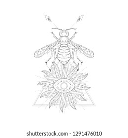 Vector illustration with hand drawn wasp and Sacred symbol on white background. Abstract mystic sign. Black linear shape. For you design, tattoo or magic craft.