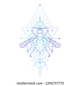 Vector illustration with hand drawn wasp and Sacred geometric symbol on white background. Abstract mystic sign. Colored linear shape. 
