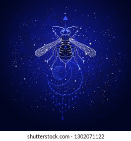 Vector illustration with hand drawn wasp and Sacred geometric symbol against the starry sky. Abstract mystic sign. Linear shape. For you design: tattoo, print, posters, t-shirts, textiles and other.