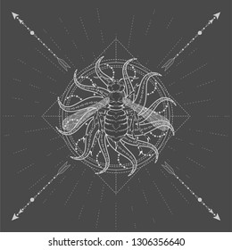 Vector illustration with hand drawn Wasp and Sacred symbol Sun on black background. Abstract mystic sign. White linear shape. For you design, tattoo or magic craft.