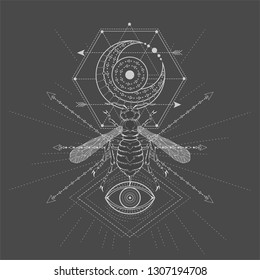 Vector illustration with hand drawn Wasp and symbol Half Moon on black background. Abstract mystic sign. White linear shape. For you design, tattoo or magic craft.