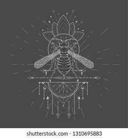 Vector illustration with hand drawn Wasp and Sacred geometric symbol on black background. Abstract mystic sign. White linear shape. For you design, tattoo or magic craft.