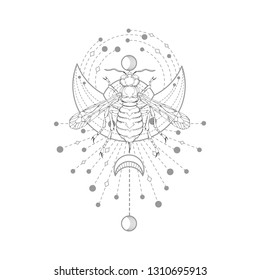 Vector illustration with hand drawn wasp and Sacred symbol on white background. Abstract mystic sign. Black linear shape. For you design, tattoo or magic craft.
