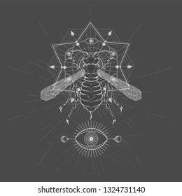 Vector illustration with hand drawn Wasp and Sacred geometric symbol on black background. Abstract mystic sign. White linear shape. For you design, tattoo or magic craft.