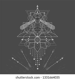 Vector illustration with hand drawn Wasp and Sacred geometric symbol on black background. Abstract mystic sign. White linear shape. For you design, tattoo or magic craft.