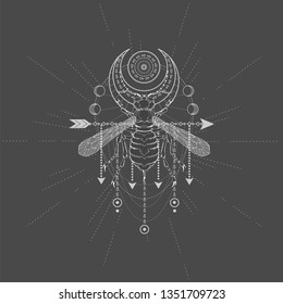Vector illustration with hand drawn Wasp and symbol Half Moon on black background. Abstract mystic sign. White linear shape. For you design, tattoo or magic craft.