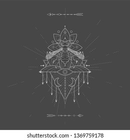 Vector illustration with hand drawn Wasp and Sacred geometric symbol on black background. Abstract mystic sign. White linear shape. For you design, tattoo or magic craft.