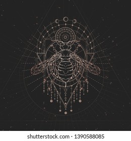 Vector illustration with hand drawn Wasp and Sacred geometric symbol on black vintage background. Abstract mystic sign. Gold linear shape. For you design and magic craft.