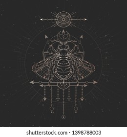 Vector illustration with hand drawn Wasp and Sacred geometric symbol on black vintage background. Abstract mystic sign. Gold linear shape. For you design and magic craft.