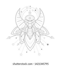 Vector illustration with hand drawn wasp and Sacred symbol on white background. Abstract mystic sign. 