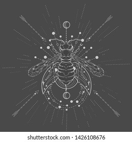 Vector illustration with hand drawn Wasp and Sacred geometric symbol on black background. Abstract mystic sign. White linear shape. For you design, tattoo or magic craft.