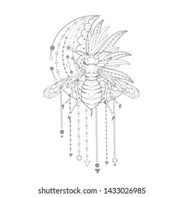 Vector illustration with hand drawn wasp and Sacred symbol on white background. Abstract mystic sign.  Black linear shape. For you design, tattoo or magic craft.