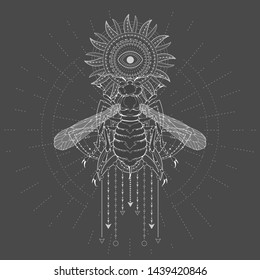Vector illustration with hand drawn Wasp and Sacred symbol Sun on black background. Abstract mystic sign. White linear shape. For you design, tattoo or magic craft.