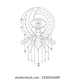 Vector illustration with hand drawn wasp and Sacred symbol on white background. Abstract mystic sign. Black linear shape. 