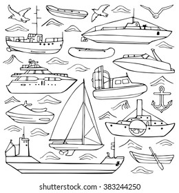 Vector illustration of hand drawn water transportation elements