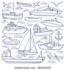 Vector illustration of hand drawn water transportation elements on squared paper