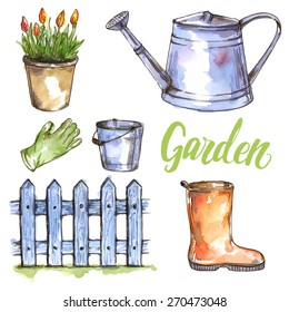 Vector illustration: hand drawn watercolor garden set