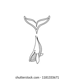 Vector illustration of hand drawn whale with big tail logotype. Whale logo