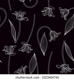 Vector illustration of hand drawn white tulips on black background. Seamless pattern.