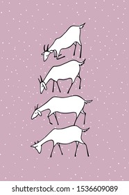 Vector illustration of hand drawn white goats herd grazing on a meadow. Vertical layout, cute animal characters, tender colors.