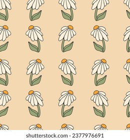 Vector illustration. Hand drawn white flowers on a beige background. Retro style, hippie, 70s. Ornament for background, wrapping paper, print.
