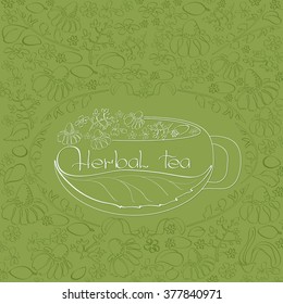 Vector  illustration  with  hand  drawn  white silhouette herbal tea theme on a green floral background with chamomile and leaves.