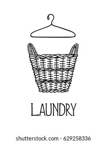 Vector illustration of hand drawn wicker basket with laundry.  Ink drawing, graphic style. Beautiful household design elements.