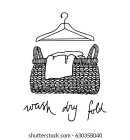 Vector illustration of hand drawn wicker basket with laundry, clothes hanger and laundry quote. Ink drawing, graphic style. Beautiful household design elements.